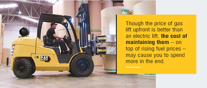 Though the price of gas lift upfront is better than an electric lift, the cost of maintaining them — on top of rising fuel prices — may cause you to spend more in the end.